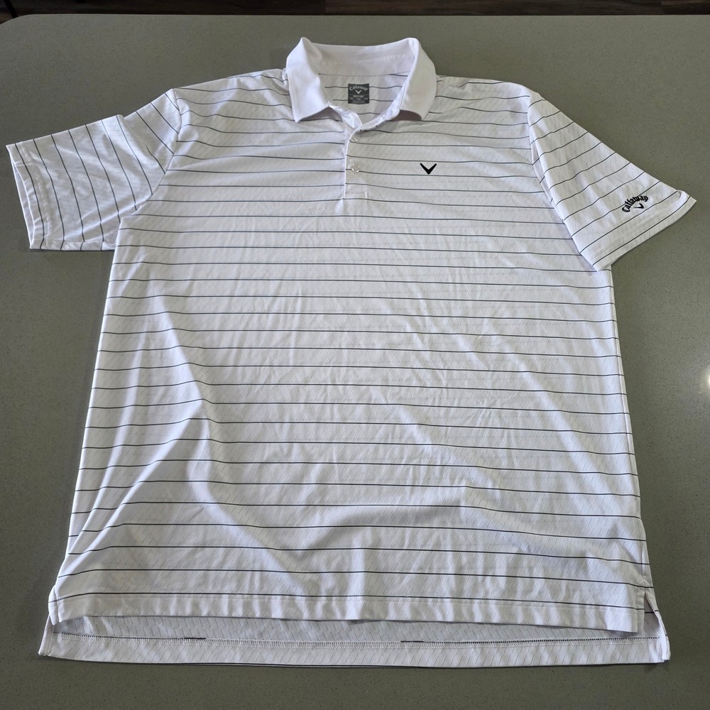 Callaway Opti-Dri Mens XXL White Pinstripe Performance Golf Polo Shirt *tear